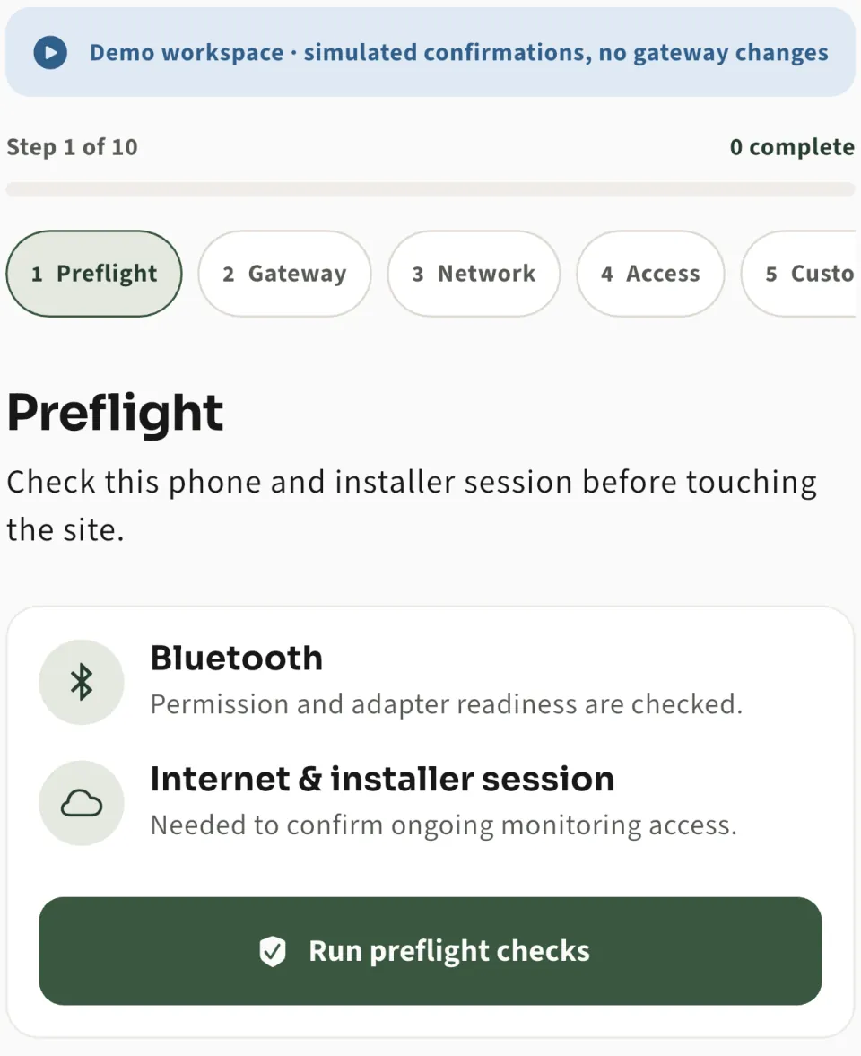 Sundime Pro setup, step 1 of 10: preflight checks for Bluetooth and the installer session, under a demo workspace banner.
